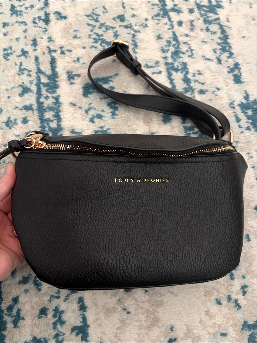 Poppy & Peonies Black Pebbled Leather Crossbody